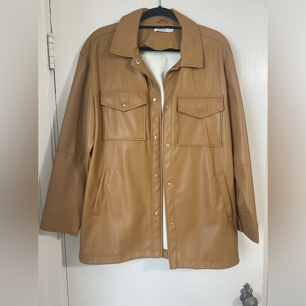 Oversized Faux Leather Shirt Jacket Medium Camel